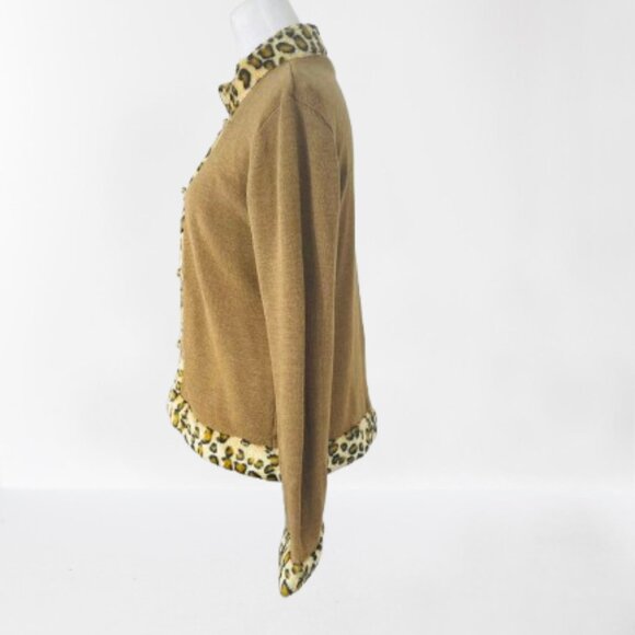 Vintage Victor Costa Wool Blend Cardigan Jacket Faux Fur Trim Golden Loops M Tan - Picture 6 of 8